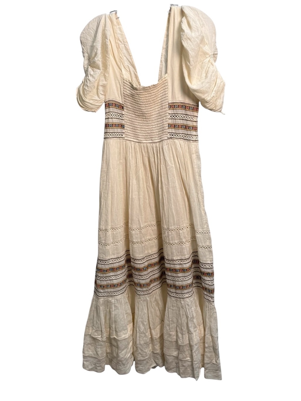 Free People Boho Embroidered Puff Sleeve Midi Dress Cream Women’s Size 6 - Picture 5 of 5
